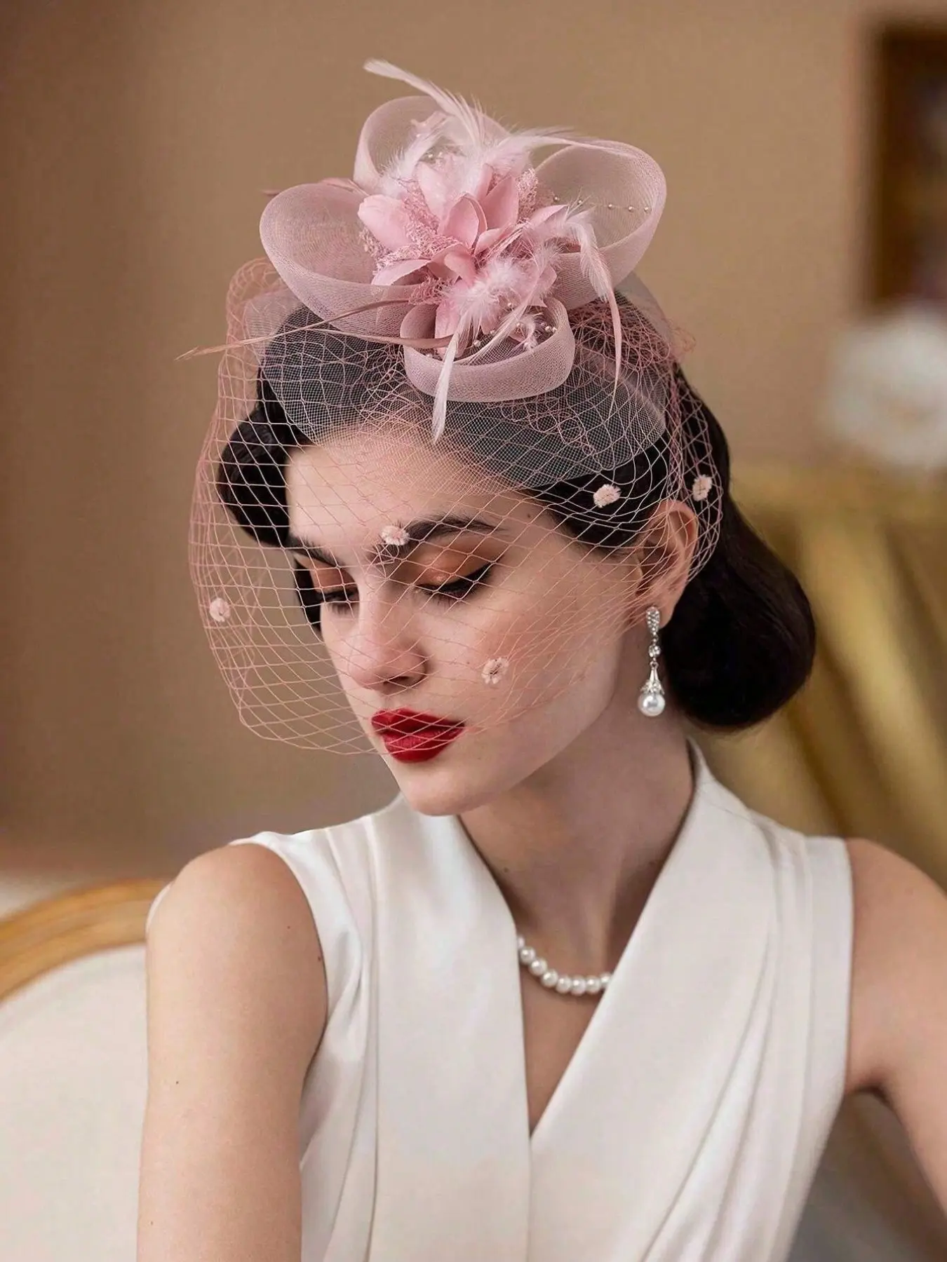 Women's Luxury Dusty Mesh Net Headpiece, Costume Headpiece, Handmade Vintage Bow Ribbon Flower Veil Hat, Retro Hair Accessories for Bridal Cocktail Party Ootd