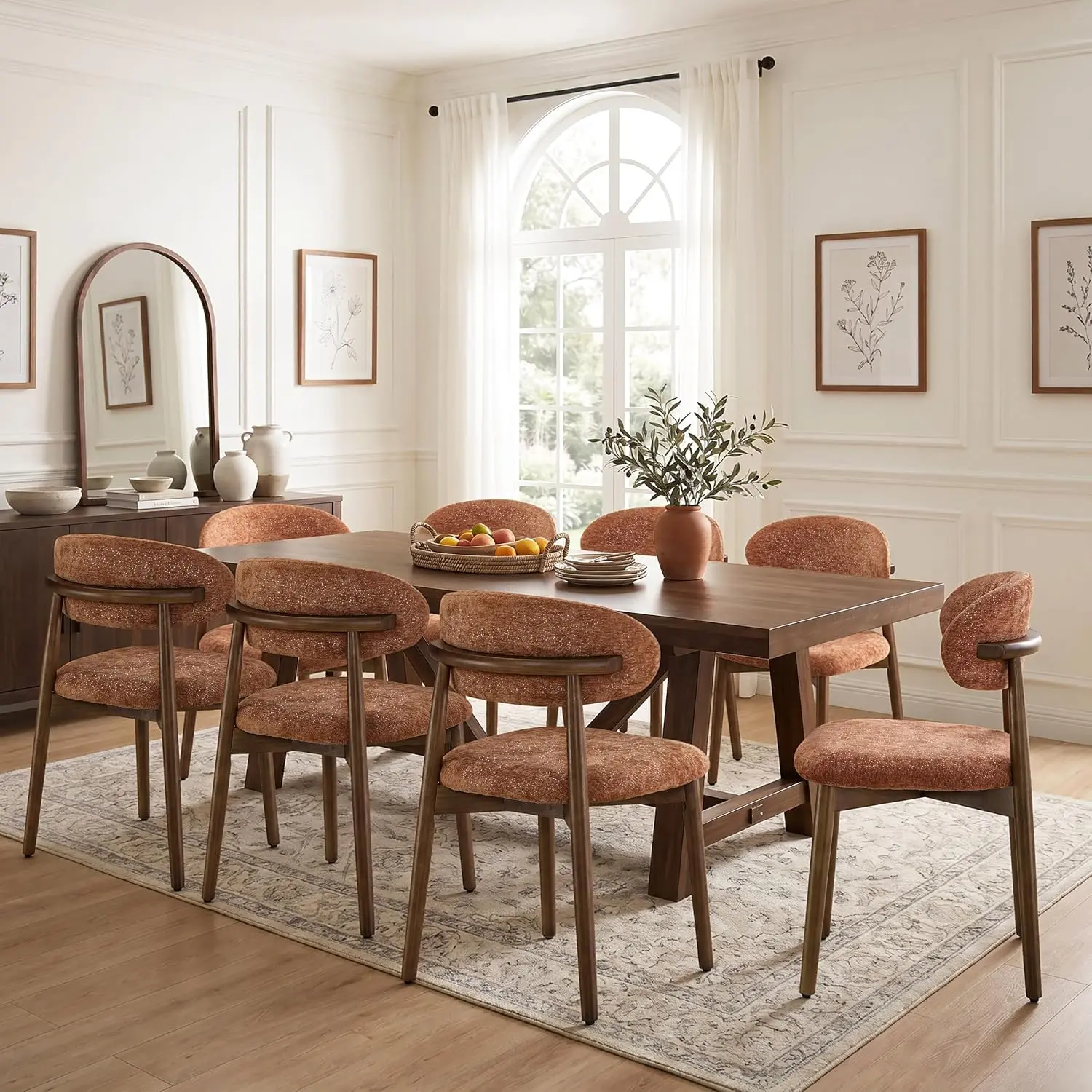 Farmhouse Dining Chairs With Sold Wood Legs Set of 2/4, Chenille Upholstered Kitchen Chairs, Mid-Century Ergonomic Curved Backrest Dining Room Chairs for Dining Room, Living Room