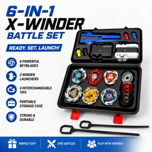 6-in-1 X-Winder Battle Set with 2 Launchers & Pull Cords, Portable Storage Case, Interchangeable Tips for Kids Ages 6-12, Bey Battle Toy Fans, Birthday Party Favors