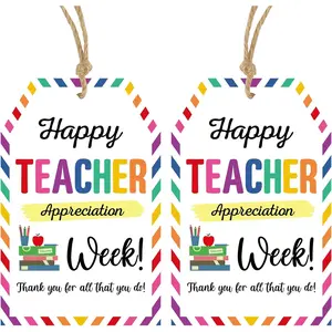 Anwyll Teacher Week Gift Tags - 50Pcs Happy Teacher Appreciation Week Tags with String Teachers Thank You Tag Personalized Thanks for All You Do Hang Paper Tag for Gift Present Treat Bag Party Favors