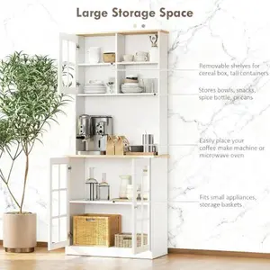 Bellemave Large Freestanding Countertop Kitchen Pantry Cabinet with Hutch, Glass Doors and Adjustable Shelves