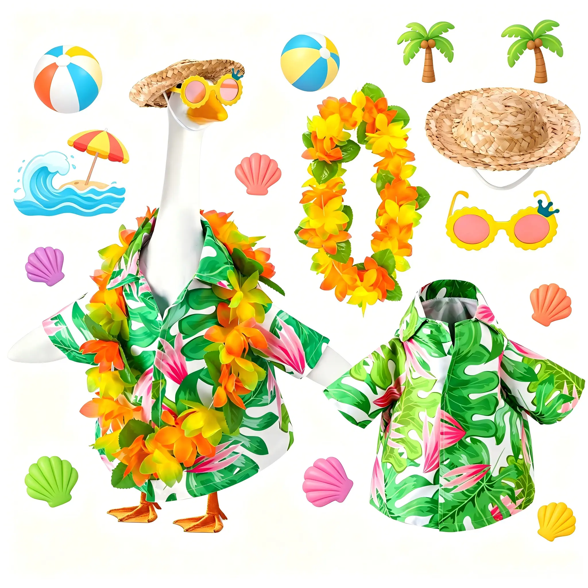 23 Inch Hawaiian Goose Outfit, Summer Tropical Costume with Aloha Shirt, Straw Hat, Sunglasses & Flower Lei, Luau Party Clothes for 23" Porch Lawn Goose Statue (Goose Not Included)