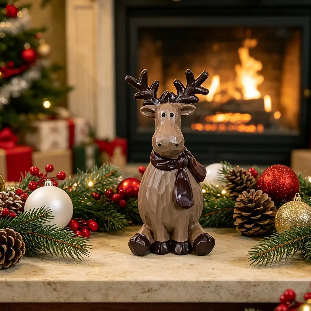 Adorable Christmas Reindeer Resin Ornament, Vintage Wood Carving Style, Nordic Aesthetic, Home Decor, Fireplace Shelf Desktop Display, Festive Gift, Decoration