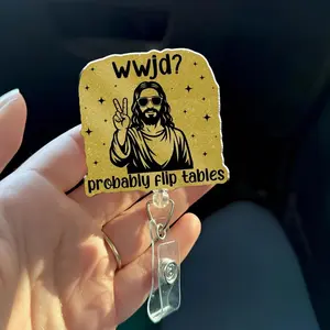 WWJD Badge Reel Funny Jesus “Probably Flip Tables” Christian Humor Retractable Nurse ID Holder FHP