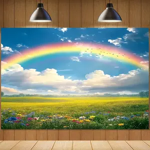 1pc Giant Spring Rainbow & Rustic Field Party Banner - Vibrant Garden Scene with Rainbow, Wildflowers & Birds - Durable Polyester Fabric, No Power Needed, Easy Hang Holes for Indoor/Outdoor De