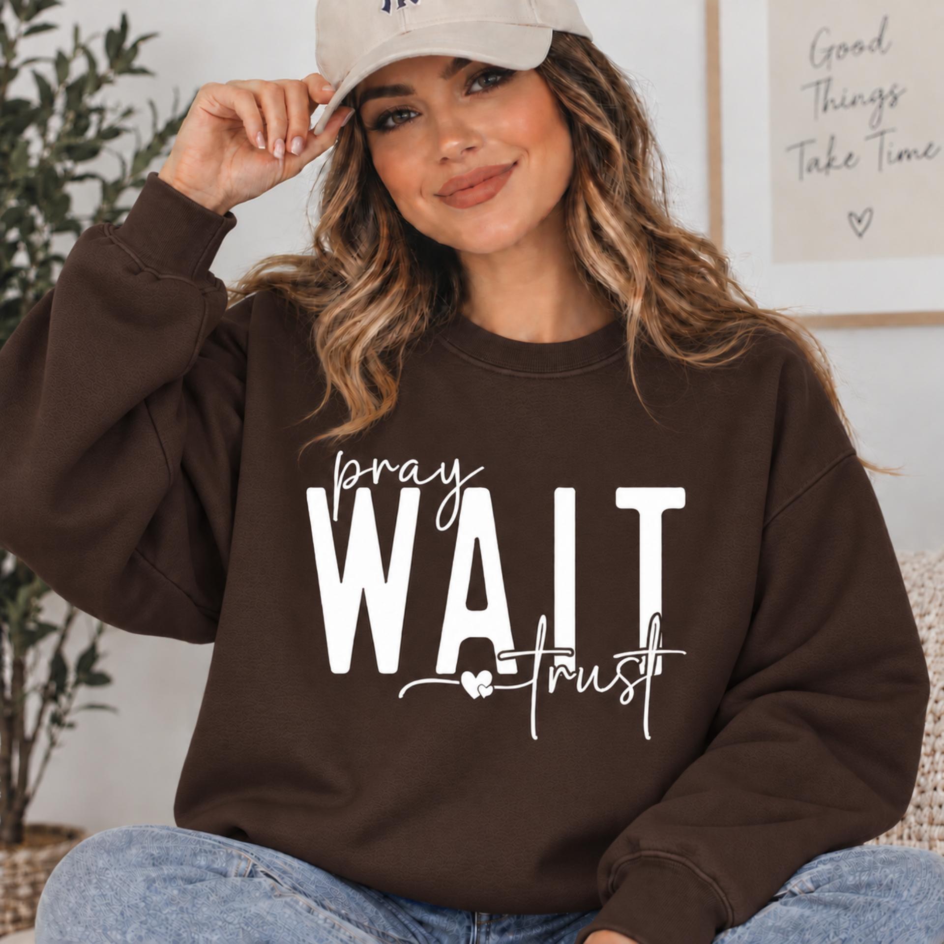 Pray Wait Trust Sweatshirt, Christian Faith Crewneck, Inspirational Prayer Graphic Pullover, Minimalist Religious Shirt, Christian Gift, VELMIREL LLC