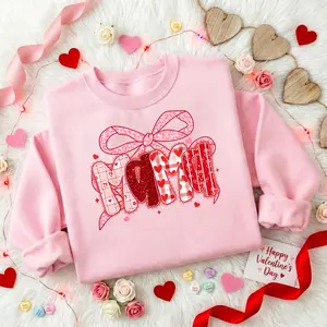[Valentine Tee] Mama Valentine Sweatshirt, Cute Pink Bow Mama Sweatshirt, Valentine Gift for Mom, Mama Love Crewneck, Aesthetic Mama Valentine Sweatshirt, Gift for her
