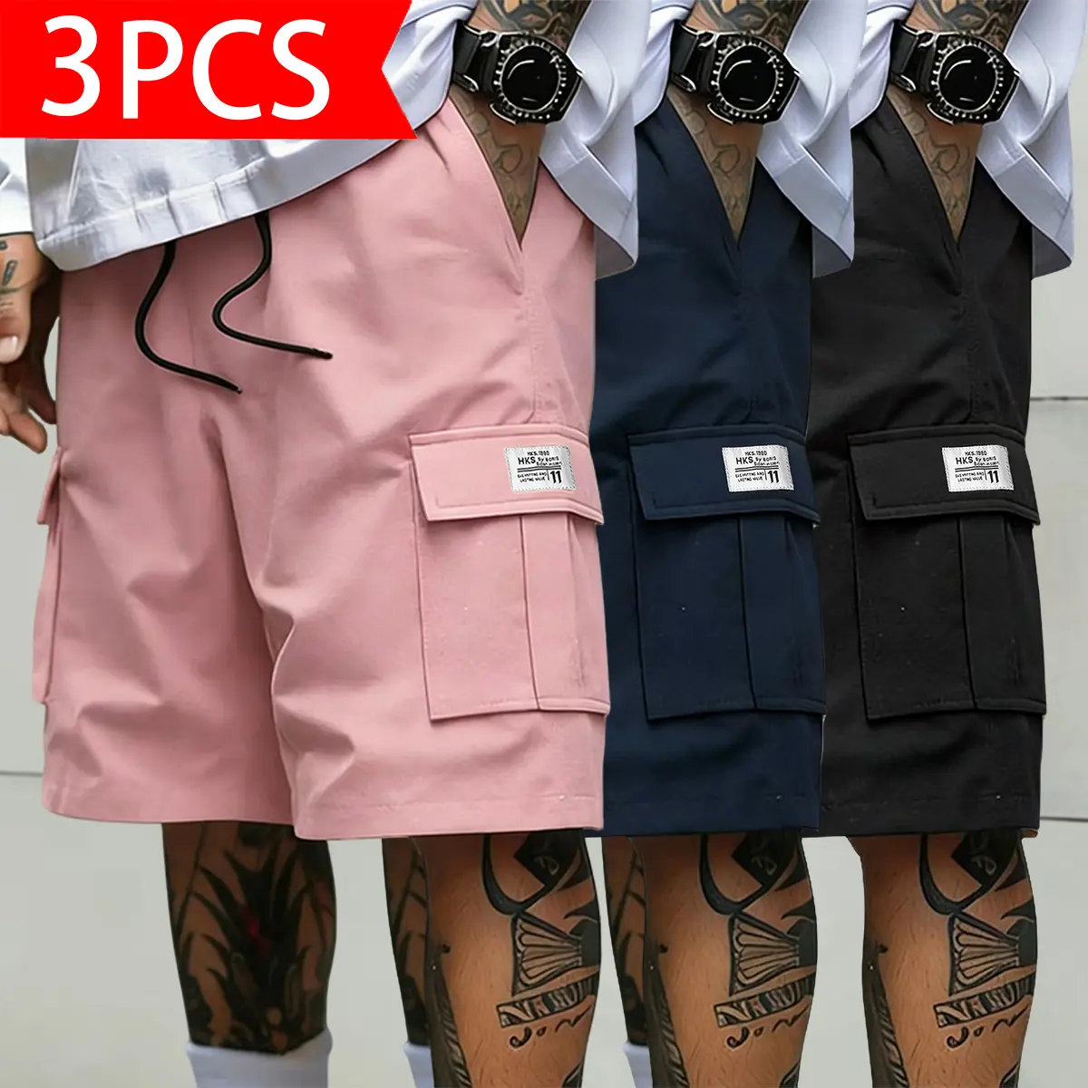 Men's 3-Piece Fitted work Matching Shorts Set - Casual Summer Drawstring Color-Mixed Shorts, Lightweight Breathable, Slanted Multipocket, Versatile Everyday Beach Gym Wear Brown, Black, Green, Pink, Color-Mixed Men's Shorts Fitted Me,casual athle,swimming