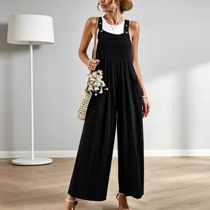 Womens Solid Color Wide Leg Overalls Summer Loose Fit Jumpsuit Casual Baggy Suspender Pants Minimalist Everyday Outfit Lightweight Breathable Dungarees 2026 Travel Wear Effortless Romper 70%Viscose 30%Linen