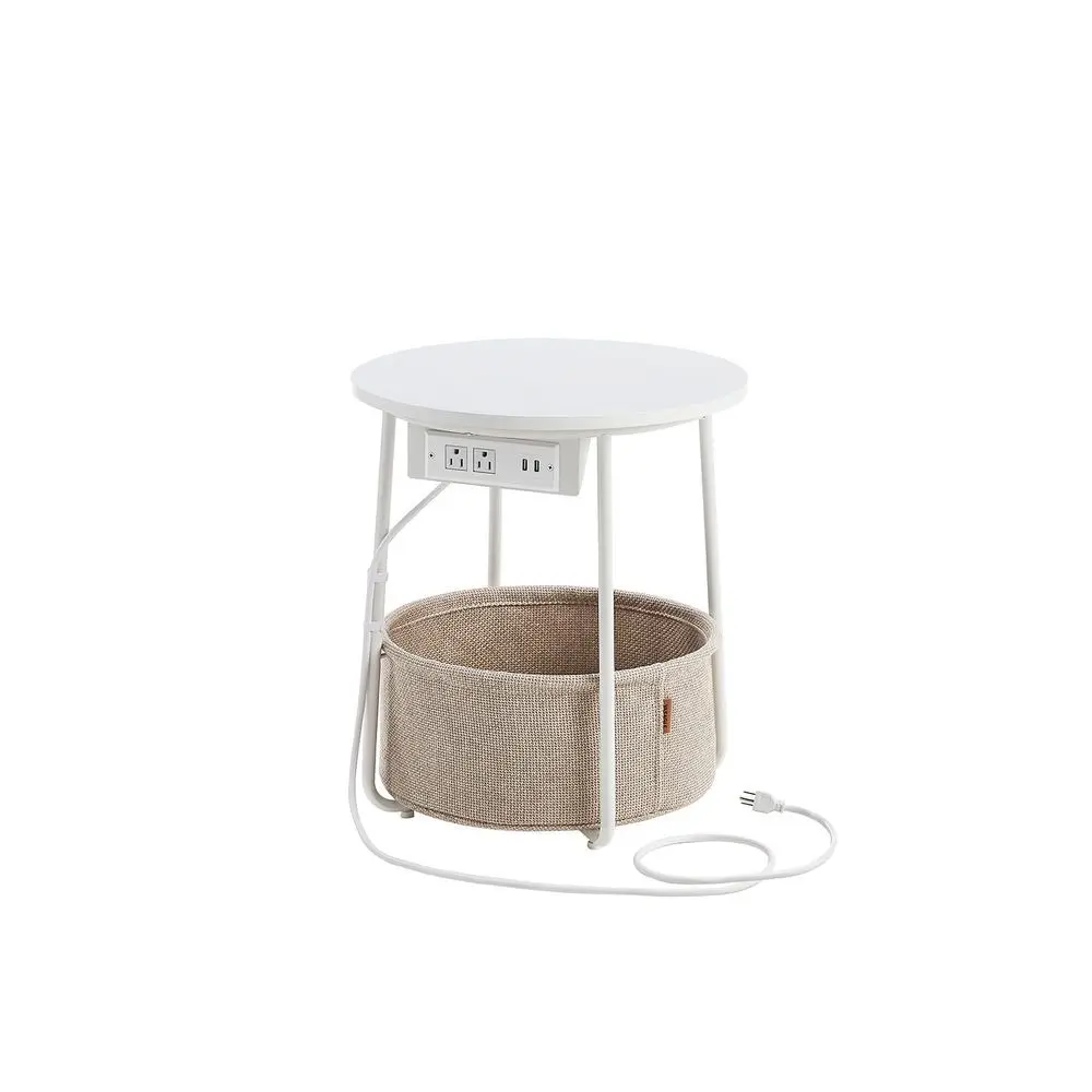 VASAGLE Side Table with Charging Station, Round End Table With Fabric Basket, Nightstand with Power Outlets USB Ports, for Living Room, Bedroom, Modern