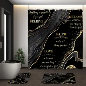 LVRLVR 4Pcs Black Gold Marble Swirl with Inspirational Quote Print Modern Glam Multi-Color Shower Curtain Set 70.8×70.8 Inch