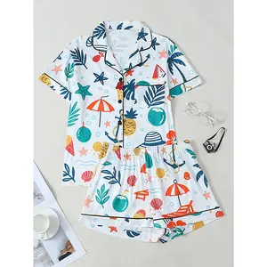 Fun Beach Style Pajama Set, White Short Sleeve & Short Pants Lapel Cardigan Loungewear, Starfish Pineapple Print Skin-Friendly & Breathable, Casual Homewear for Daily & Outdoor Wear
