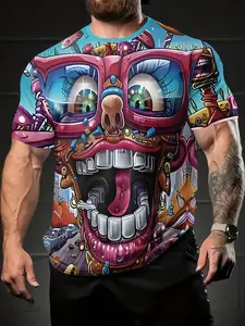 Men's Big & Tall 3D All-Over Digital Print T-Shirt - Bold Cartoon Face Graphic with Glasses, Vibrant Colors, Regular Fit Short Sleeve Tee for Casual & Outdoor Sports, Machine Washable,