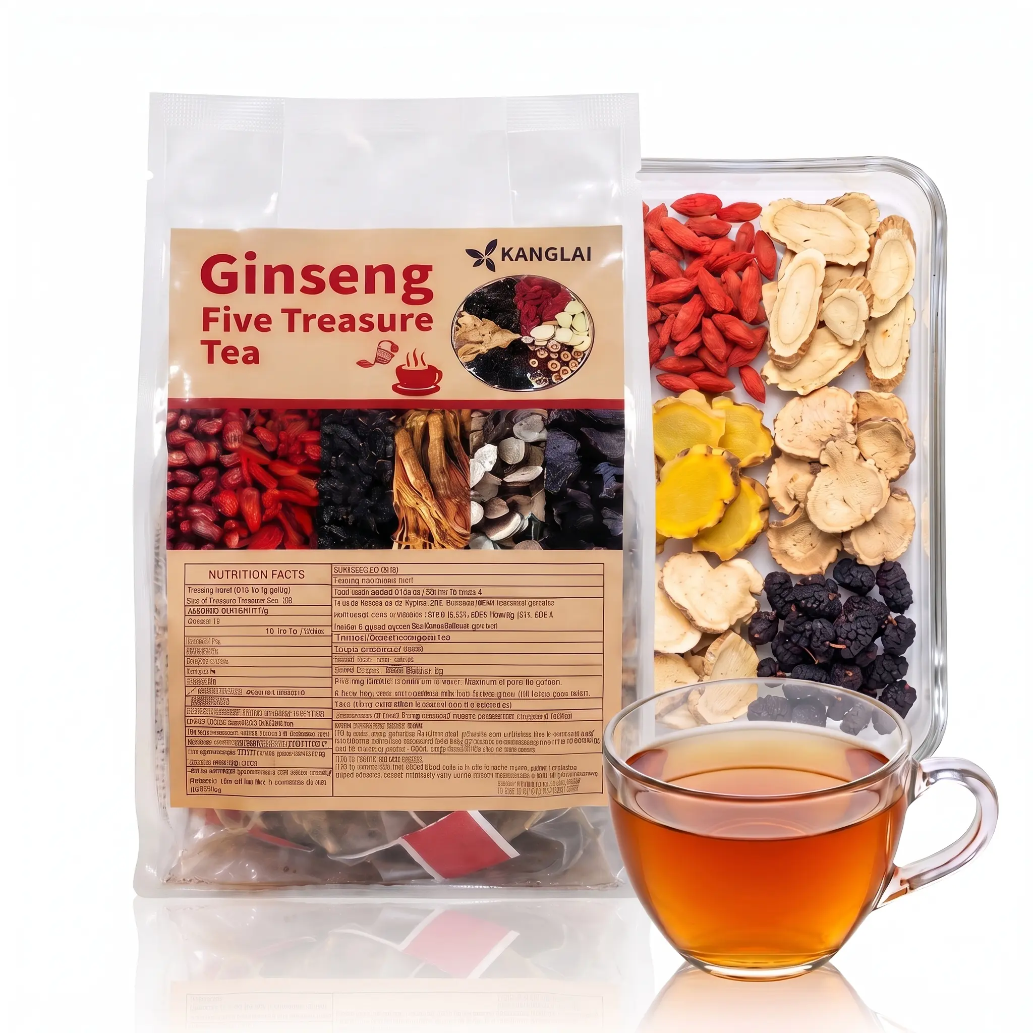 Premium Ginseng 5-Treasures Conditioning Herbal Tea Packets - 150g (5g×30 Bags) Healthy Drinks, Natural Remedies, Herbal Medicine, Kidney Vitality Support, Fatigue Relief, Portable Daily Hygienic Moisture-Proof Energy Tea for Teajunkies