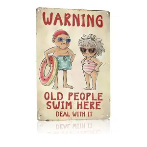Funny Metal Pool Sign "Old People Swim Here" - Vintage Rustic Wall Decor for Pool, Patio, Humorous Outdoor Sign with Retro Design and Playful Characters, Summer Artwork Decor, 8x12 Inch