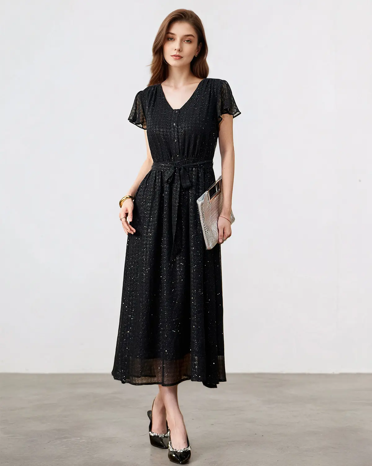 Elegant Black Glitter Midi Dress | Ruffle Sleeve Belted Flowy Dress for Office & Evening Events LE-LQ027 - TikTok Shop Elegant Black Glitter Midi Dress | Ruffle Sleeve Belted Flowy Dress for Office & Evening Events LE-LQ027 - TikTok Shop