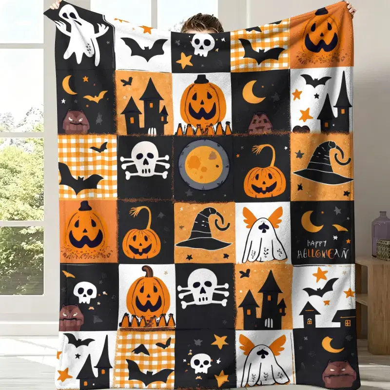30-Grid Retro Patchwork Print Halloween Flannel Throw Blanket - Orange Buffalo Plaid, Ghost, Pumpkin, Skull, Witch, Bat, Castle Prints, Soft Fleece, Machine Washable, Children-Friendly Farmhouse Bedroom Decor, Fall Gift