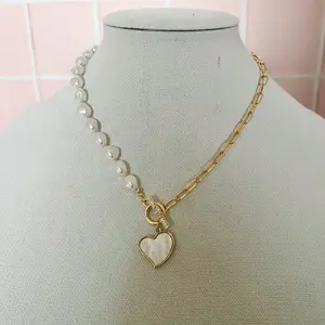 Pearl Toggle Heart Necklace with Rhinestone Toggle Bar Clasp