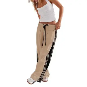 Womens Wide Leg Pants Drawstring High Rise Palazzo Pants Side Striped Baggy Track Pants with Pockets
