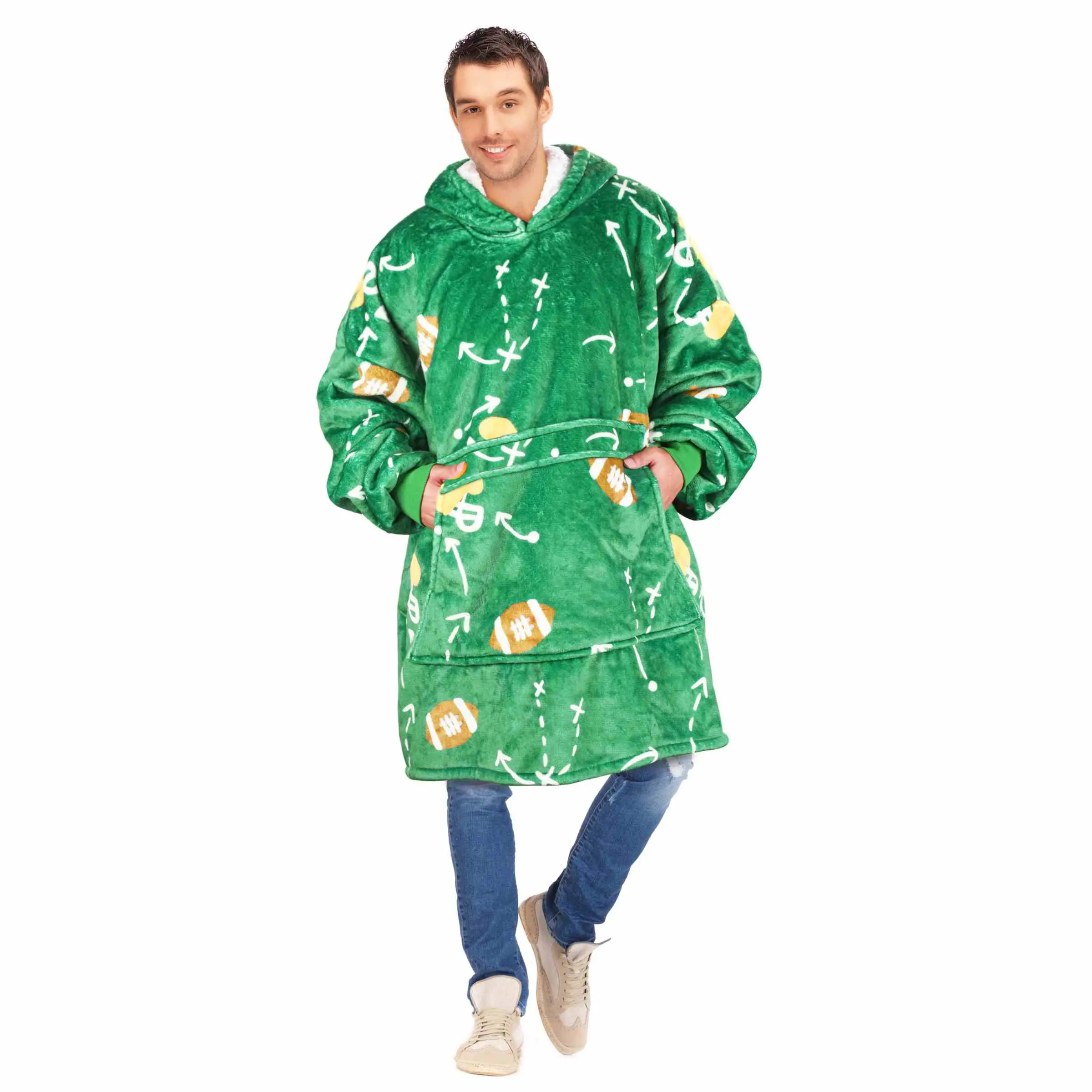 Green Football Play Oversized Double Layer Hoodie Blanket