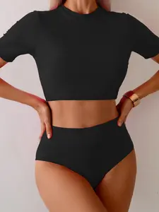 Women's Fashion Competition Two-Piece Swimsuit, Sexy Solid Color Short Sleeve Round Neck Swimwear, Sporty Style Bathing Suit