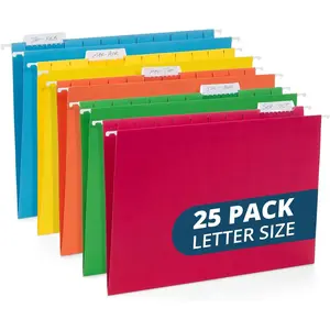 25 Colored Hanging File Folders Letter Size with Tabs, Assorted Colors, Reinforced for Office Filing and Organization