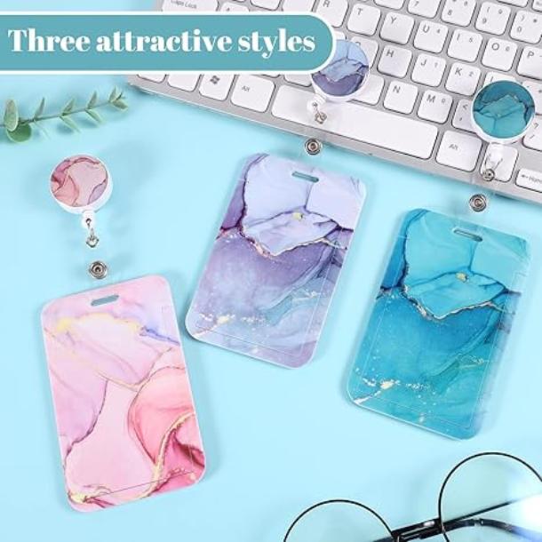 [New Deal] 3 Set Heavy Duty Badge Holder with Retractable Reel, Marble Retractable ID Badge Holders with Clip Name Key Card Holder Case for Teacher Nurse Doctor Student Office Gift for Coworkers