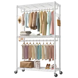 CONCETTA 45 Inch Rolling Clothes Rack – Adjustable Metal Shelves, Heavy Duty Garment Rack with Side Hooks – Portable Clothes Stand for Laundry Room, Bedroom & Household – White