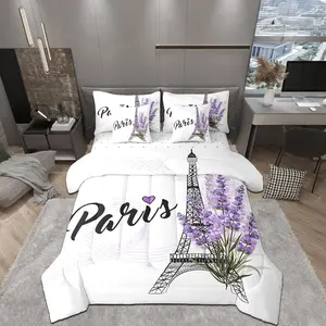 Eiffel Tower Comforter Set 7 Piece,Purple Lavender Flowers Print Reversible Quilt Set,Romantic Paris City Floral Style Bedding Set with Comforter,Sheet,Pillowcase
