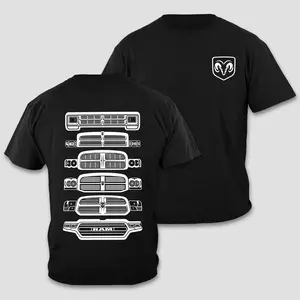 Dodge RAM T-Shirt, RAM Truck Grille Generations Top, Ram Head Emblem Merch, Vintage Power Diesel Pickup Shirt, 4x4 Offroad Car Apparel, Retro Automotive Fan Tee, Men Women Short Sleeve Premium Black Cotton Streetwear Wear