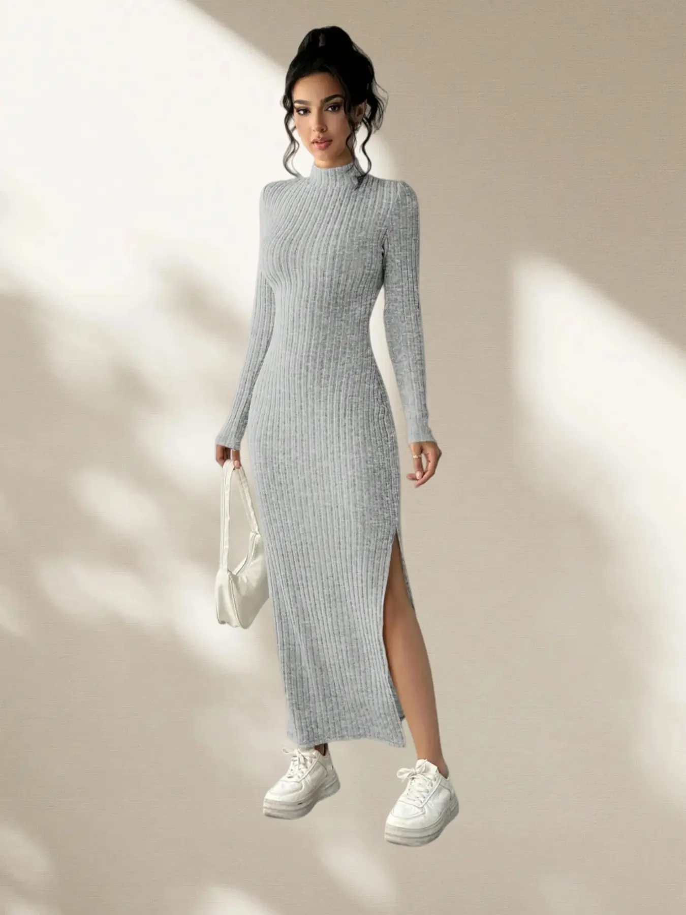 Fashion Half High Neck Fuzzy Warm Soft Home Casual Basic Women's Dress, Womenswear, Cozy Knitted Long Sleeve, Fit, Perfect for Fall & Winter