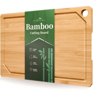 Bamboo Cutting Board - Multi-Sizes Wooden Cutting Boards for Kitchen, Convenient Kitchen Essentials with Deep Juice Grooves， Cutting Board for Chopping & Serving, Large, Natural Knives