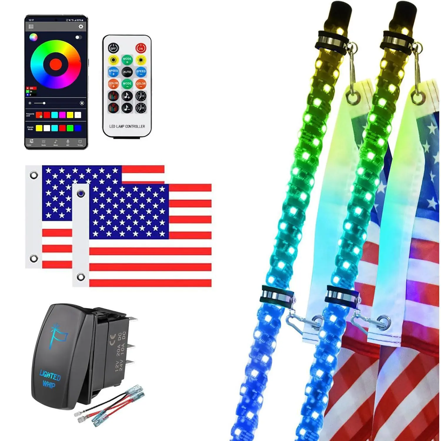 2FT Fat Fiberglass RGB LED Whip Lights with LED Strip - Spiral Design, RGB Light Effect, Dual Control (App, Remote, Rocker Switch) for SXS, UTV, Outdoors