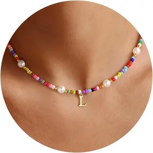 Colorful Initial Necklaces for Girls -  Beaded Choker Necklace for Woen Teen Girl Colorful, Trendy Personalized Letter Initial Gifts Birthday Gifts