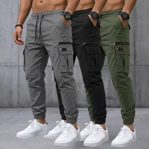 Men's Multi-Pocket Cargo Pants 3-Pack Casual Straight-Leg Tapered Harem Cargo Pants for Everyday Wear and Commuting in All Seasons Classic Fit Must-Have for Outdoor Enthusiasts - Trouser, Menswear Trouser, Gray/Black/Military Green, Drawstring