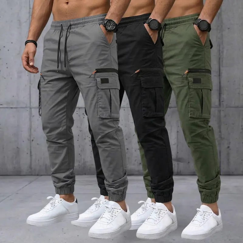 Men's 3-Pack Multi-Pocket Cargo Pants - Classic Fit, Straight-Leg & Tapered Harem Styles, Suitable for Everyday Wear & Commuting, All-Season Essential for Outdoor Enthusiasts