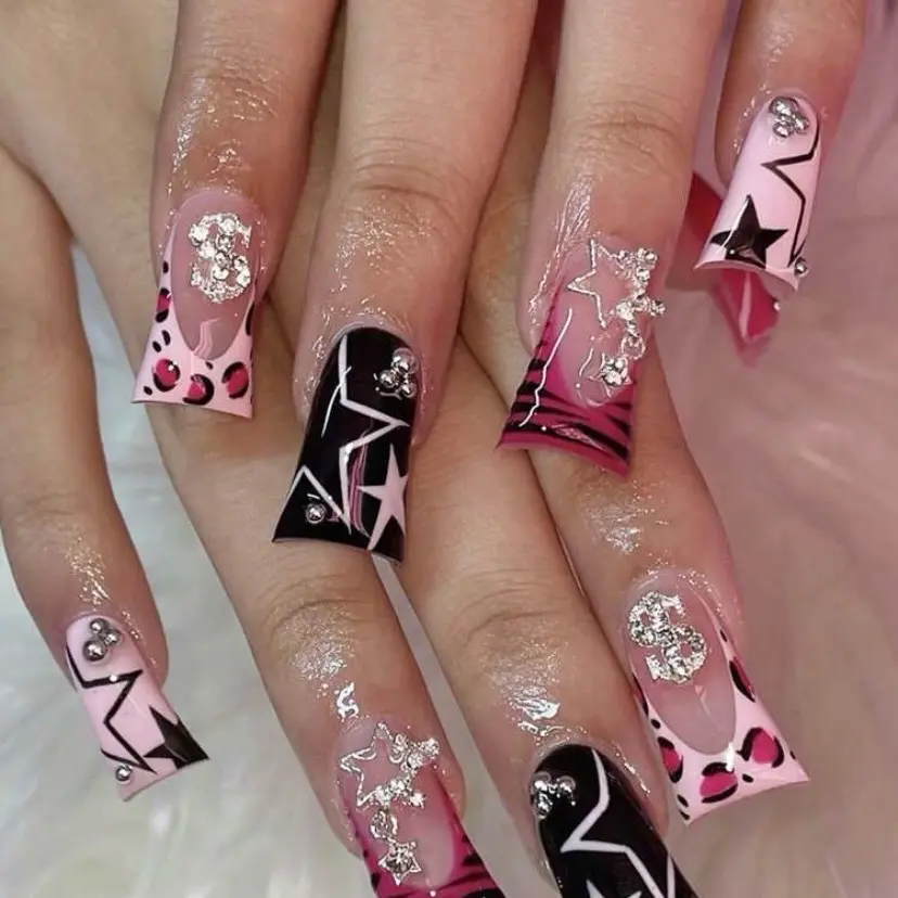 Y2K Pink and Black Duck Nails - Perfect for Any Occasion