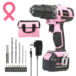 #SpringGlowUp WORKPRO Pink Cordless 20V Lithium-ion Drill Driver Set, 1 Battery, Charger and Storage Bag Included - Pink Ribbon