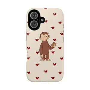 Cute Monkey Tough Phone Case Curious George Design Brown Striped Heart Christian Quote Shockproof Anti-Fingerprint Matte Texture for iPhone 17-12 Pro Max Samsung S25-22