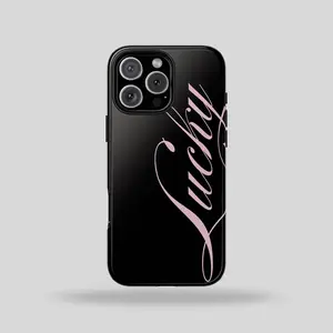 Lucky Phone Case, Pink Text on Black Tough Case, Gift for Her