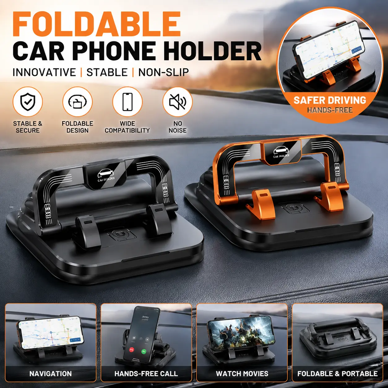 360° Rotatable Car Dashboard Phone Mount, 2-in-1 Foldable Phone Holder with Temporary Parking Number Plate, Anti-Slip Adjustable Navigation Stand, Universal Cell Phone Cradle for iPhone Android Vehicles