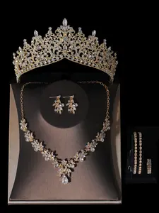 A set of women's golden bridal accessories, including a grand crown, necklace, earrings, bracelet, and ring, consisting of 7 pieces. The wedding dress and accessories are also suitable for weddings, parties, and gatherings Jewelry Set