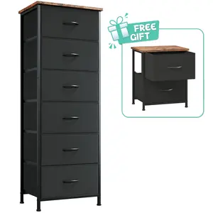 【FREE GIFT】Somdot-Fabric Storage Tower with 6 Drawers,Bedroom Drawer Dresser Organizer,Chest of Drawers with Fabric Bins,Steel Frame and Wood Top for Bedroom,Closet,Entryway Assembled