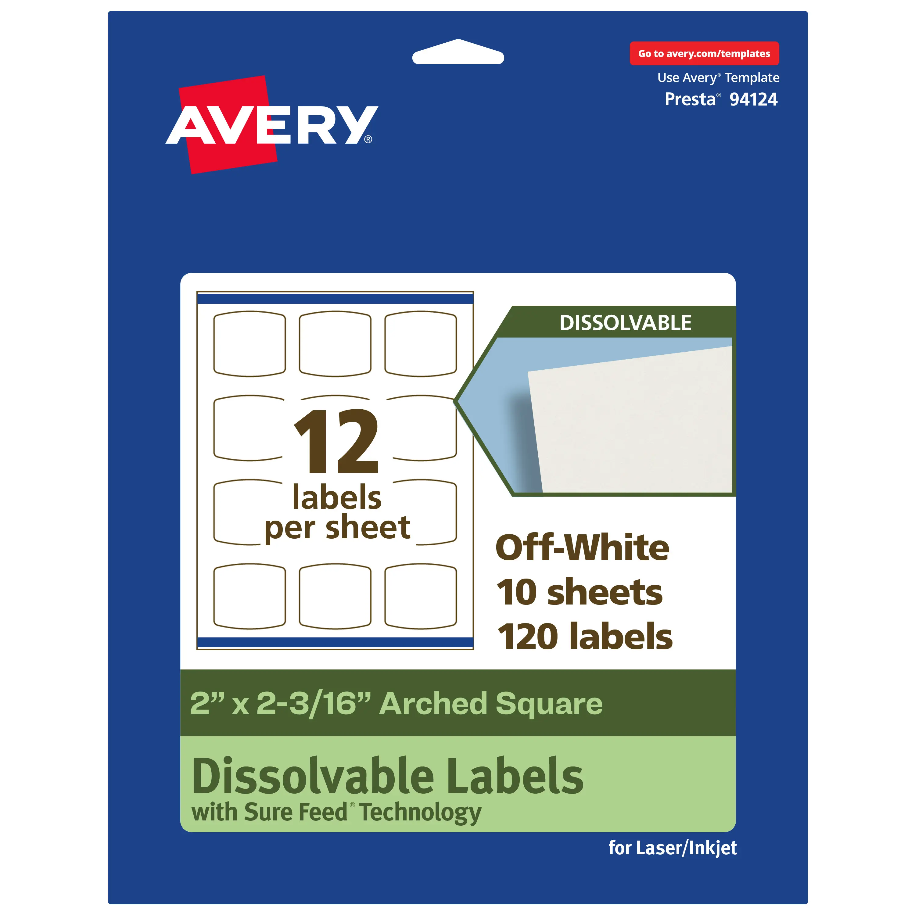 Avery Dissolvable Labels, 2" x 2-3/16" Arched Square