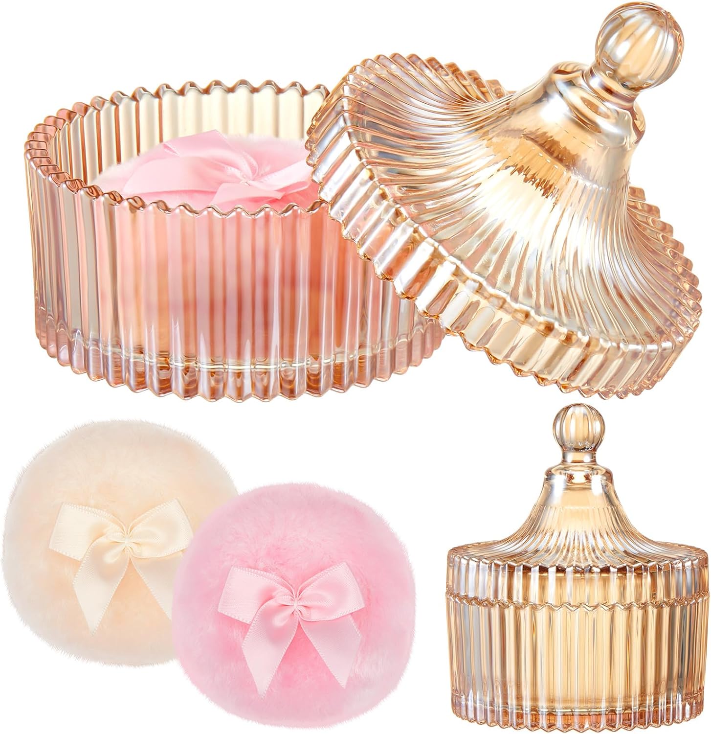 Ultra Soft Powder Puff and Container 3.54" High Density Velvet Dusting Washable Reusable Powder Puff,Body Powder Puff and Glass Jar Holder Loose Powder Elegant Glass Jar for Jewelry, Candy Storage, Perfect Gift for Ladies