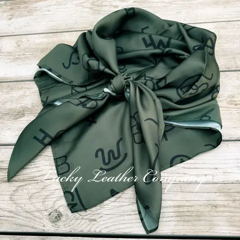 Olive Branded Wild Rag, 35”x 35” Cowboy Wild Rag with Brands