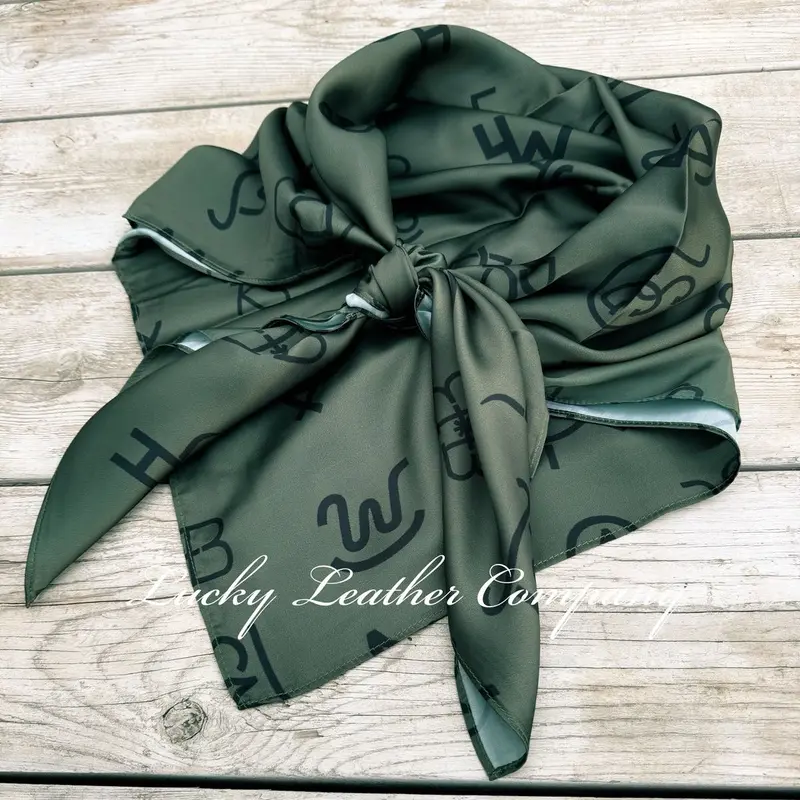 Olive Branded Wild Rag, 35”x 35” Cowboy Wild Rag with Brands