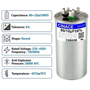 CINACE 80+10uF 80/10MFD CBB65 Dual Run Capacitor for Air Conditioner AC Motor Fan Start Condenser Heat Pump HVAC Ice Maker 370/450VAC 50/60Hz
