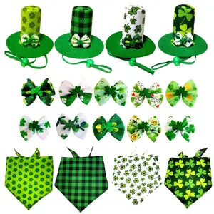 St Patrick's Day Pet Costume Set, Hat Triangle Scarf Bow Tie Headband, Four-Leaf Clover Design, Perfect for Pet Holiday Accessories
