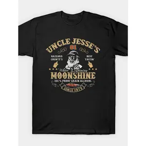 Everyday Comfort |   Uncle Jesse's Moonshine" Men's Black Cotton T-Shirt - Loose Fit, 100% Pure Cotton, Vintage-Inspired Graphic with Short Sleeves, Machine Washable, Ideal for Casual Summer Outings